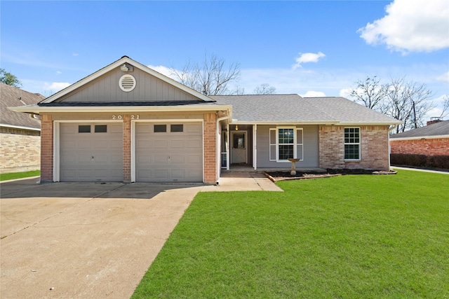 ranch-style house with a garage, concrete driveway, brick siding, and a front lawn