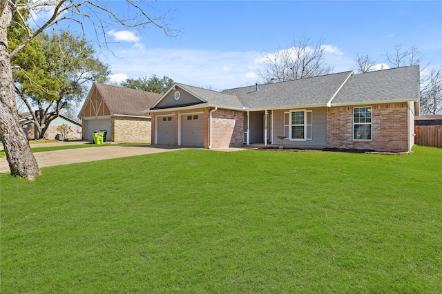 view of front of home with an attached garage, brick siding, concrete driveway, roof with shingles, and a front lawn