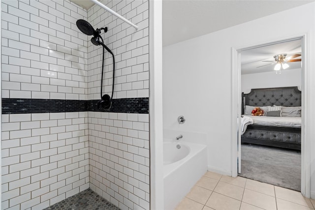 bathroom featuring ceiling fan, tile patterned floors, and separate shower and tub