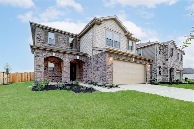 view of front of property featuring a garage and a front lawn