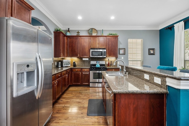 kitchen featuring appliances with stainless steel finishes, tasteful backsplash, sink, light hardwood / wood-style floors, and crown molding