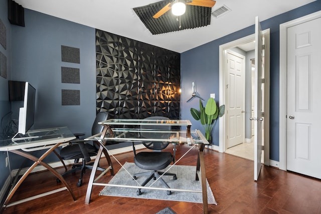 home office featuring ceiling fan and wood-type flooring