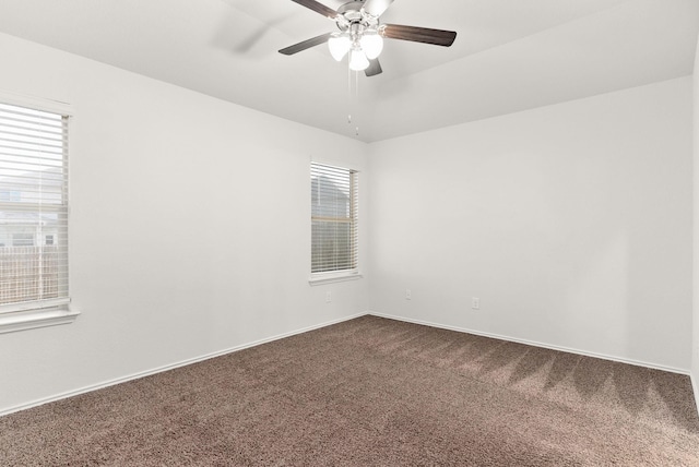 unfurnished room featuring ceiling fan, carpet, and a wealth of natural light