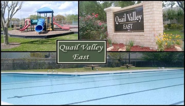 view of swimming pool featuring a playground