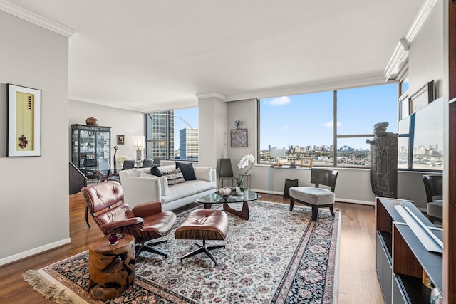 living room with a city view, crown molding, plenty of natural light, and wood finished floors