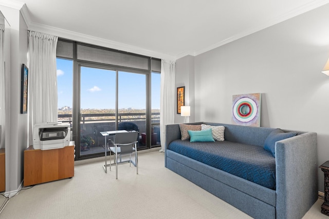 bedroom featuring light colored carpet, ornamental molding, and floor to ceiling windows