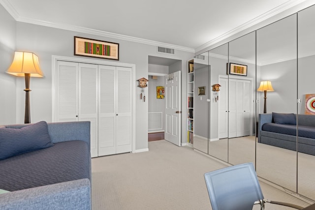 living room with light carpet and crown molding