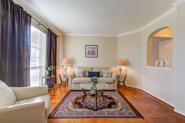 living area featuring ornamental molding, baseboards, and wood finished floors