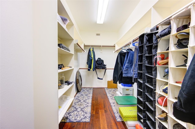 walk in closet featuring dark wood-style floors