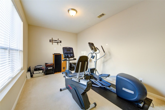 workout room featuring carpet, visible vents, and baseboards