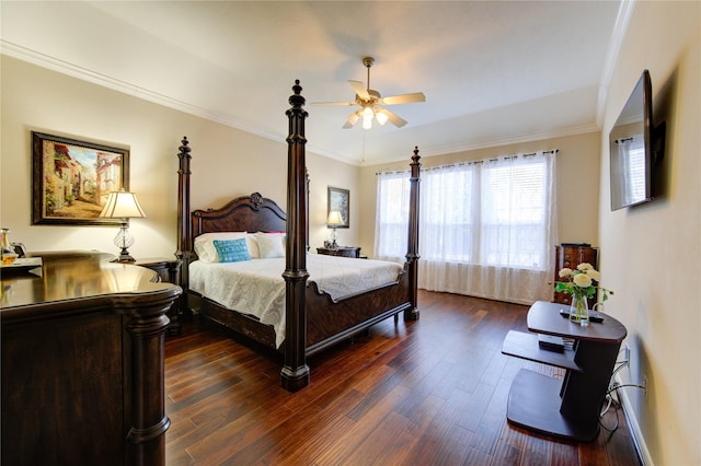 bedroom featuring ceiling fan, ornamental molding, and dark wood-type flooring