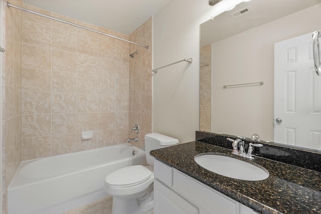 full bath featuring toilet, shower / bathing tub combination, vanity, and visible vents