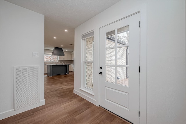 doorway with sink, a wealth of natural light, a textured ceiling, and light wood-type flooring