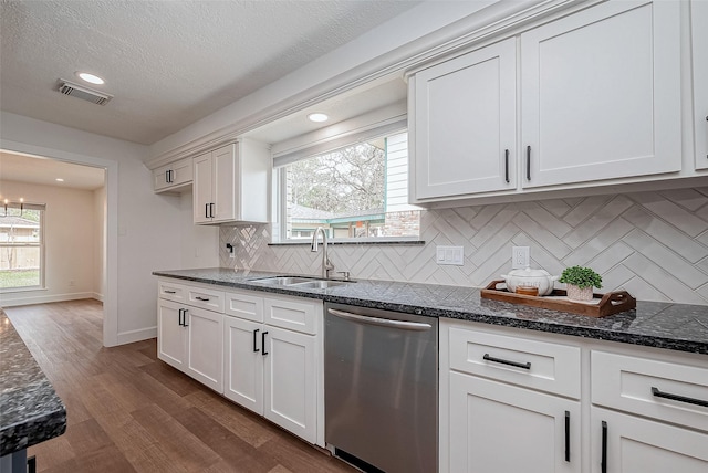 kitchen featuring sink, stainless steel dishwasher, white cabinets, and dark hardwood / wood-style flooring