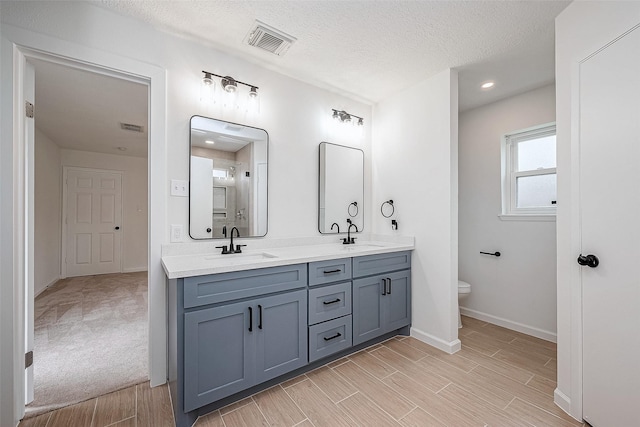 bathroom featuring vanity, a textured ceiling, and toilet