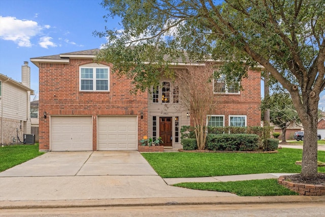 view of front of property with driveway, brick siding, and a front yard