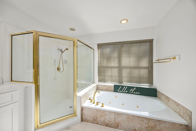 full bathroom with a shower stall, a tub with jets, tile patterned floors, and recessed lighting