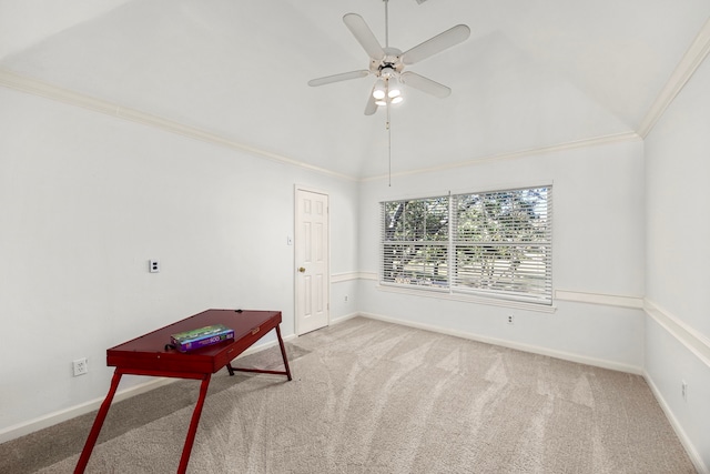 unfurnished room featuring lofted ceiling, crown molding, and carpet