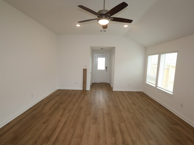 26235 Astral Way, La Marque, TX 77568 - empty room featuring ceiling fan, baseboards, wood finished floors, lofted ceiling, and recessed lighting