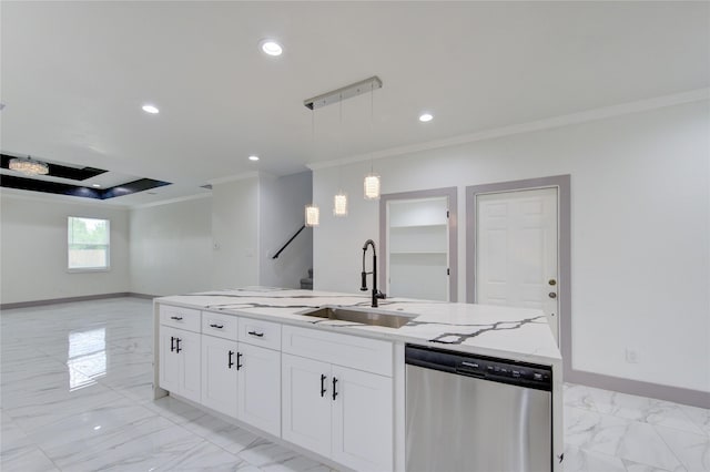 kitchen with pendant lighting, dishwasher, sink, white cabinets, and light stone counters