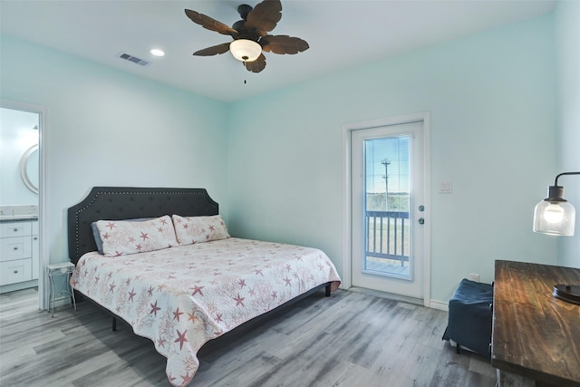 bedroom featuring ceiling fan, light hardwood / wood-style floors, and access to outside