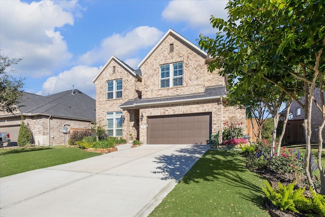 view of front of property with a garage and a front lawn