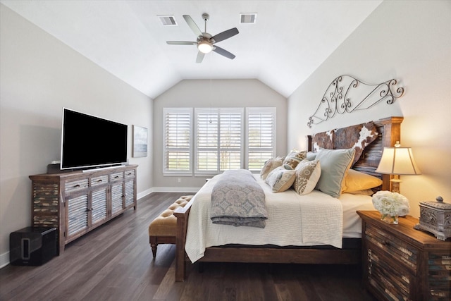 bedroom featuring dark wood-type flooring, ceiling fan, and vaulted ceiling