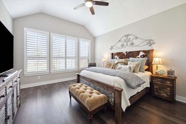 bedroom featuring vaulted ceiling, ceiling fan, and dark hardwood / wood-style flooring