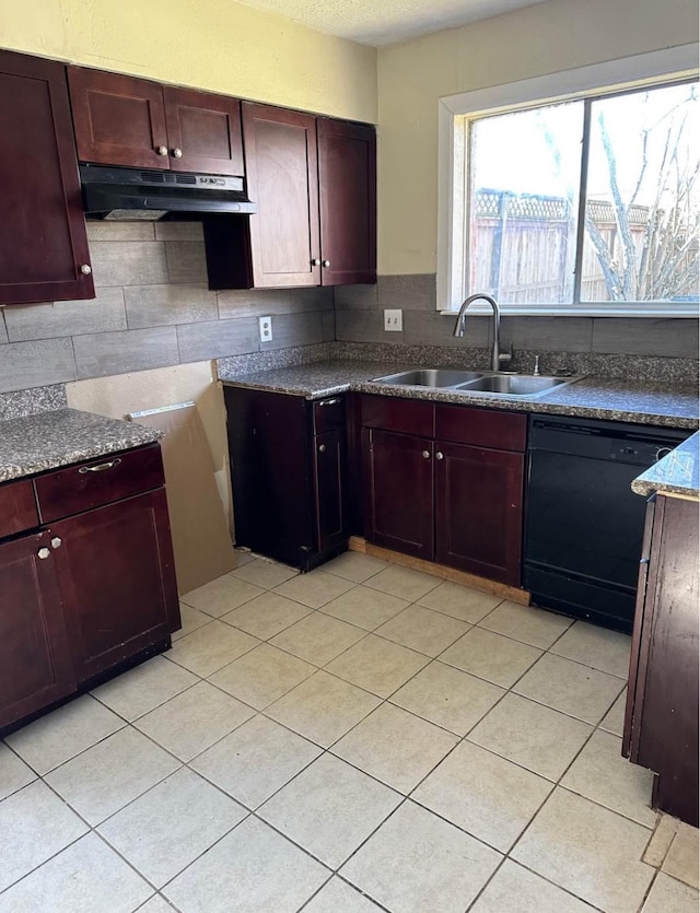 kitchen with sink, decorative backsplash, black dishwasher, and light tile patterned flooring