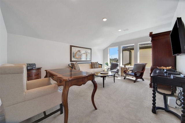 living room with lofted ceiling, light carpet, visible vents, and recessed lighting