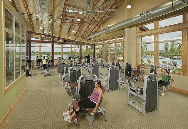 workout area with carpet floors, a water view, high vaulted ceiling, and baseboards