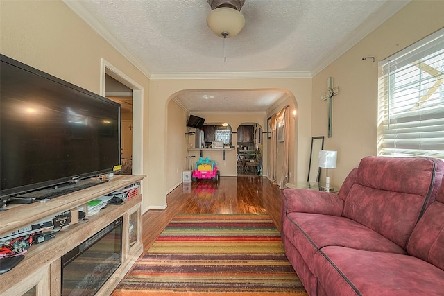 1814 Mansfield St, Houston, TX 77091 - living room featuring ornamental molding, dark hardwood / wood-style floors, and a textured ceiling