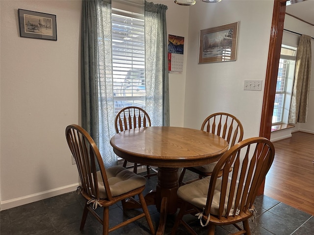 dining room featuring baseboards, dark wood-style flooring, and a healthy amount of sunlight