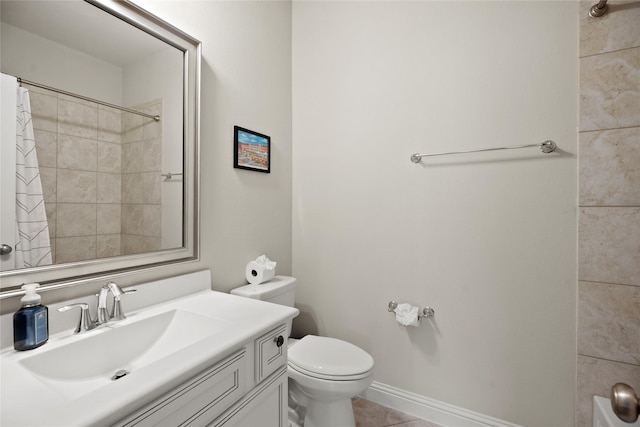 bathroom with a shower with curtain, tile patterned floors, toilet, and vanity