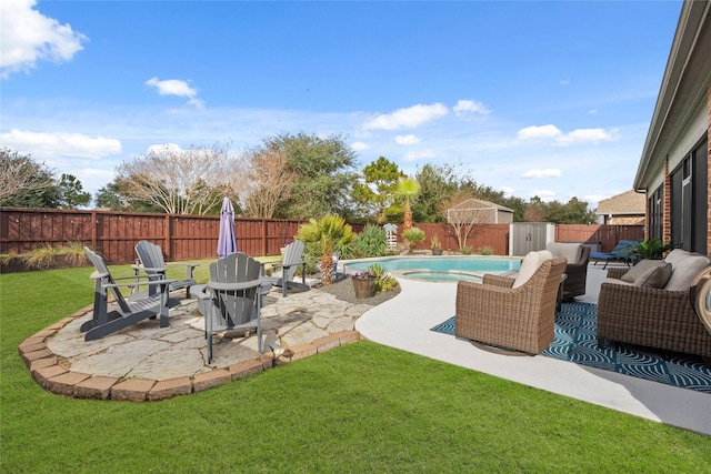 exterior space with a fenced in pool, an outdoor living space, and a patio area