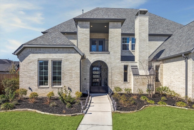 french provincial home with brick siding, roof with shingles, a chimney, a balcony, and a front lawn