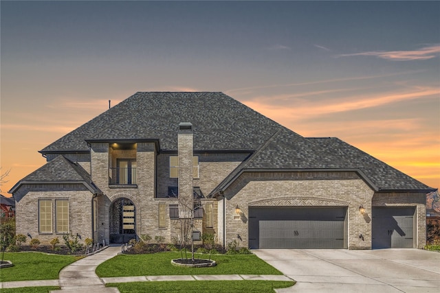 french provincial home with a garage, roof with shingles, concrete driveway, and a yard