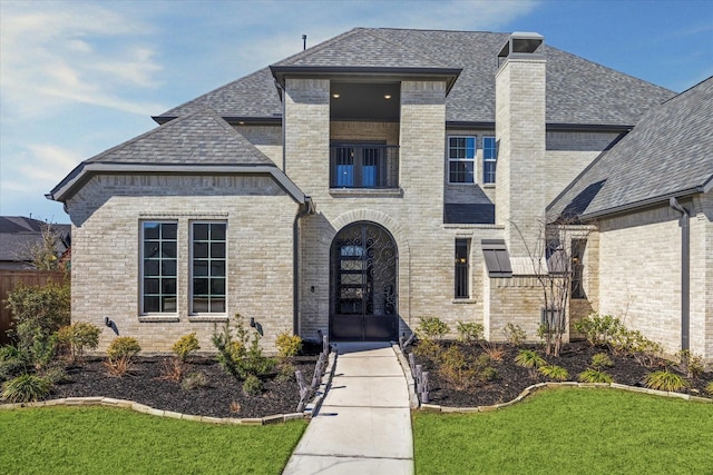 french provincial home with a chimney, brick siding, a front lawn, and a shingled roof