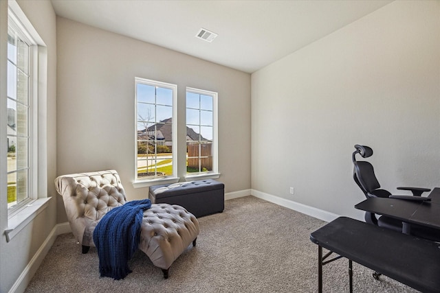 carpeted office featuring visible vents and baseboards