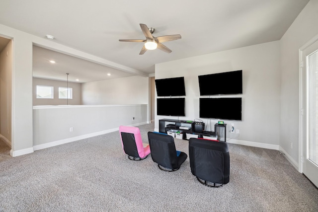 carpeted office with ceiling fan, baseboards, and recessed lighting