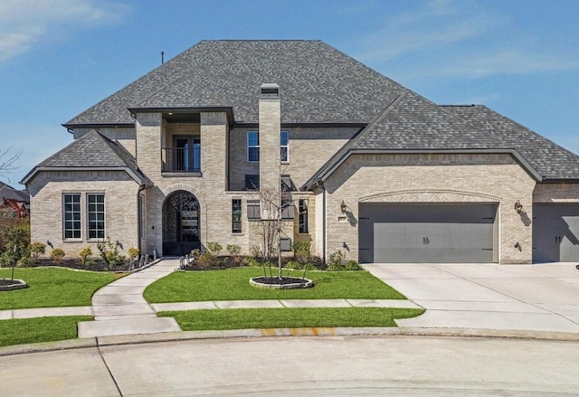 french country home with driveway, a front lawn, roof with shingles, and a balcony