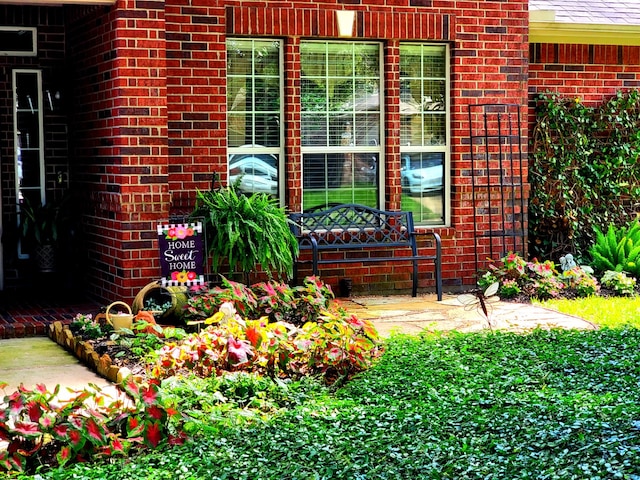 view of exterior entry with a patio