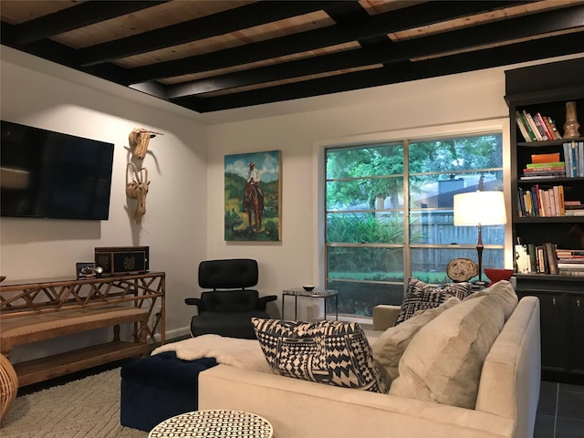 living room with wood ceiling and beam ceiling