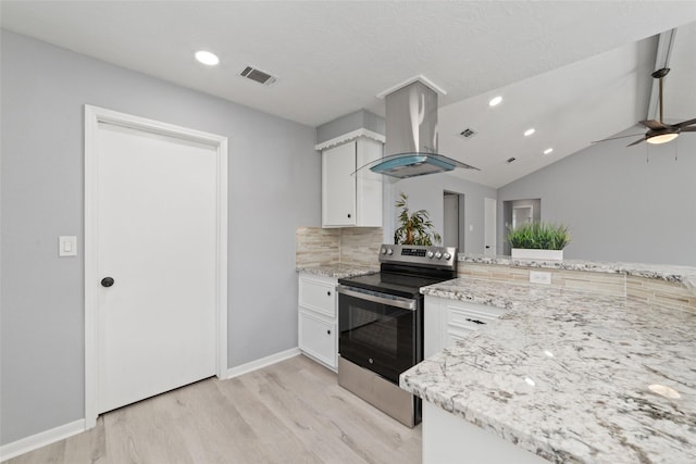 kitchen with white cabinetry, light stone countertops, stainless steel range with electric cooktop, and range hood