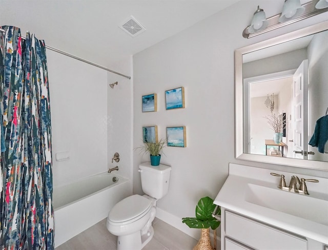 full bathroom featuring toilet, vanity, and shower / bath combo with shower curtain