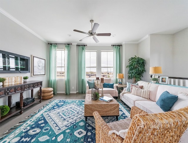 living room featuring crown molding, ceiling fan, and hardwood / wood-style floors