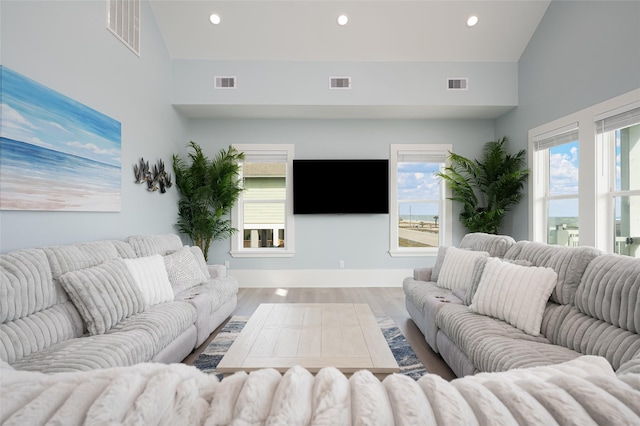 living room featuring a high ceiling and hardwood / wood-style floors