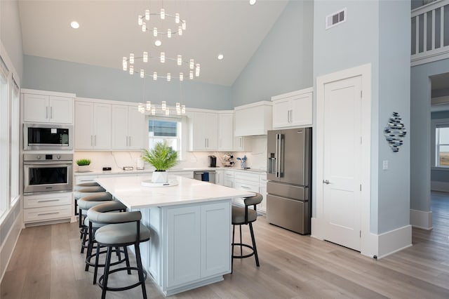 kitchen featuring white cabinetry, appliances with stainless steel finishes, a kitchen island, and pendant lighting