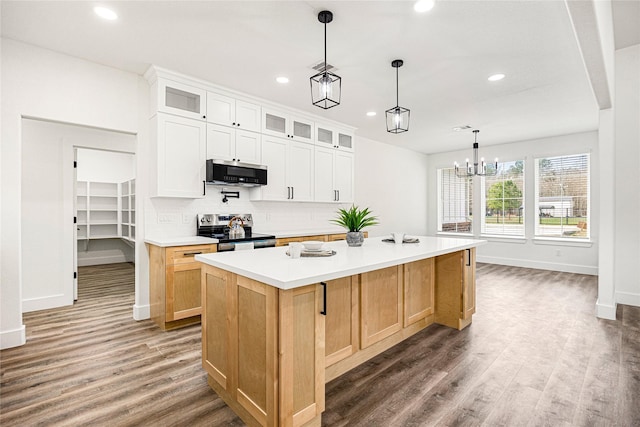 kitchen with pendant lighting, dark wood-type flooring, white cabinetry, stainless steel appliances, and a spacious island