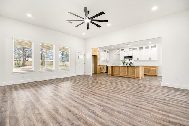 unfurnished living room featuring sink, hardwood / wood-style flooring, and ceiling fan